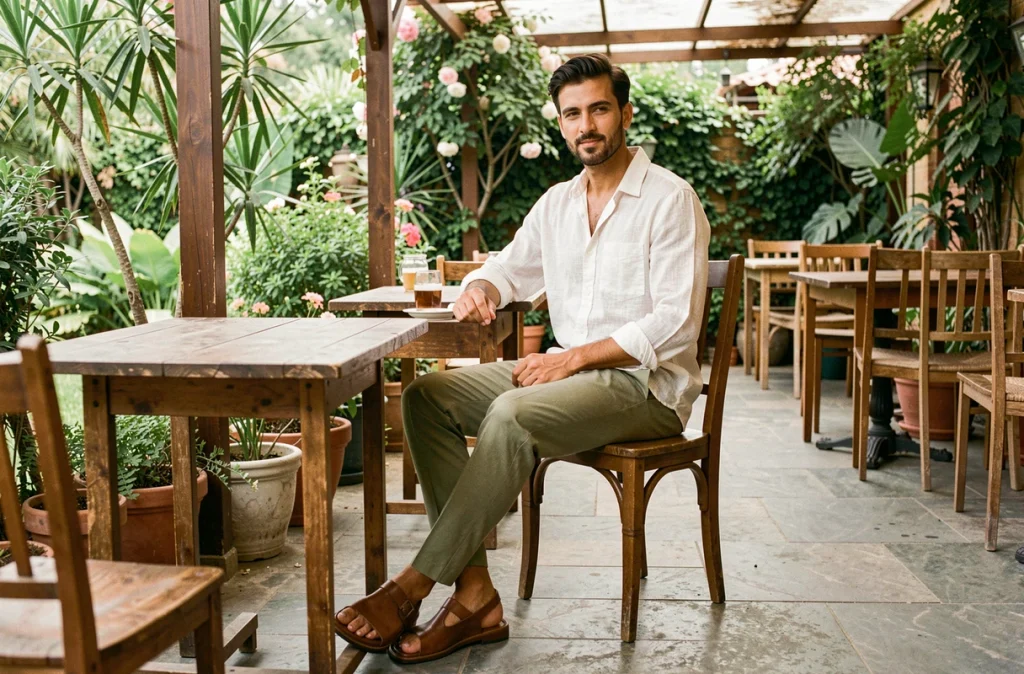 Homme en chemise de coton gaze et pantalon en fibre de bambou attablé sur une terrasse estivale