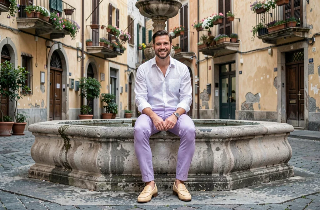 Homme en pantalon lavande et chemise lin blanche assis sur une fontaine en pierre dans une place européenne au printemps