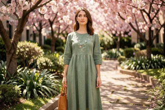 Femme portant une robe midi vert sauge avec broderies florales dans un jardin botanique urbain fleuri au printemps