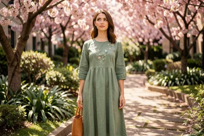 Femme portant une robe midi vert sauge avec broderies florales dans un jardin botanique urbain fleuri au printemps