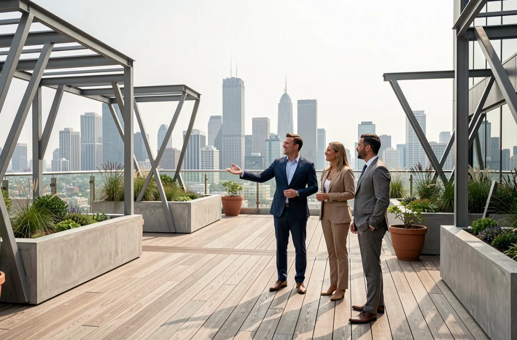 Agent immobilier présentant une terrasse rooftop moderne à des acheteurs avec vue panoramique sur la ville