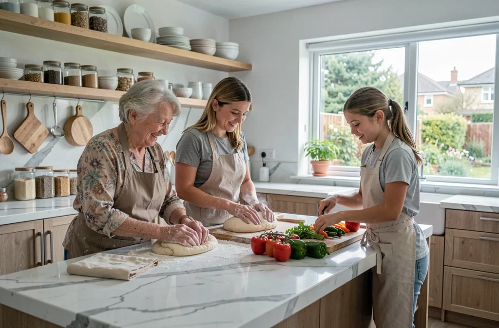 Trois générations de femmes préparant ensemble un repas traditionnel autour d'un îlot de cuisine moderne, transmettant savoir-faire et complicité