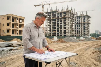 Un urbaniste examine des plans d'architecture sur un chantier de construction en périphérie urbaine, avec des immeubles en cours de construction en arrière-plan