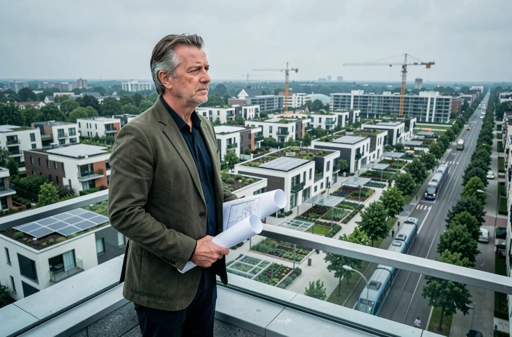 Urbaniste en surplomb d'un éco-quartier en construction avec toitures végétalisées et panneaux photovoltaïques