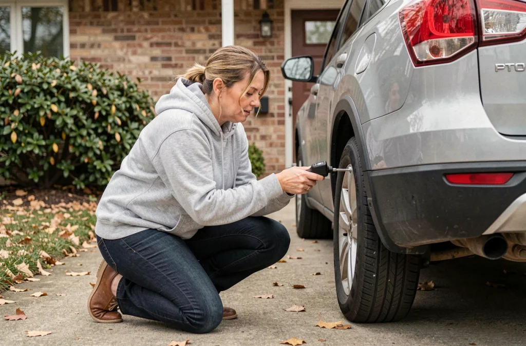 Femme vérifiant la pression des pneus de son SUV avec un manomètre sur une allée résidentielle en automne