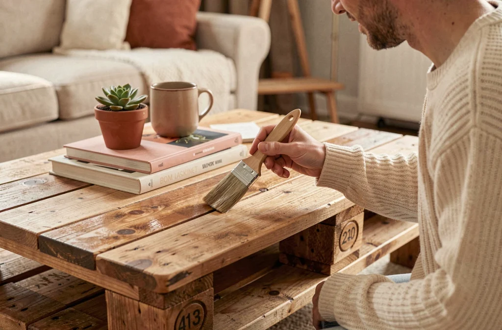 Application de vernis sur une table basse en palette terminée dans un salon scandinave