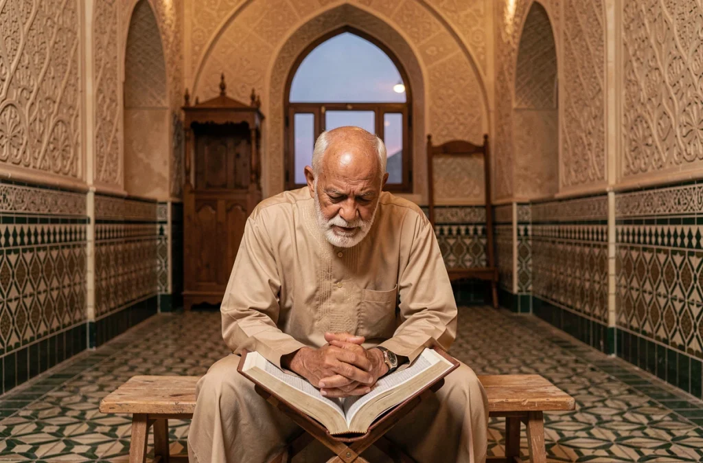 Vieil homme récitant les derniers versets de la sourate Al-Baqara dans une mosquée traditionnelle le soir
