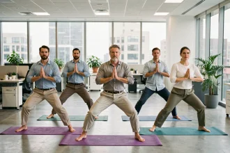 Groupe de salariés pratiquant le yoga en posture du guerrier dans un open space d'entreprise moderne