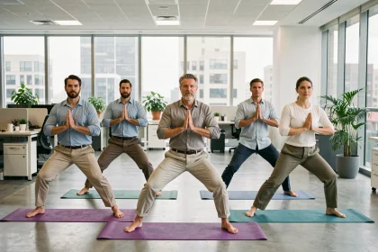 Groupe de salariés pratiquant le yoga en posture du guerrier dans un open space d'entreprise moderne