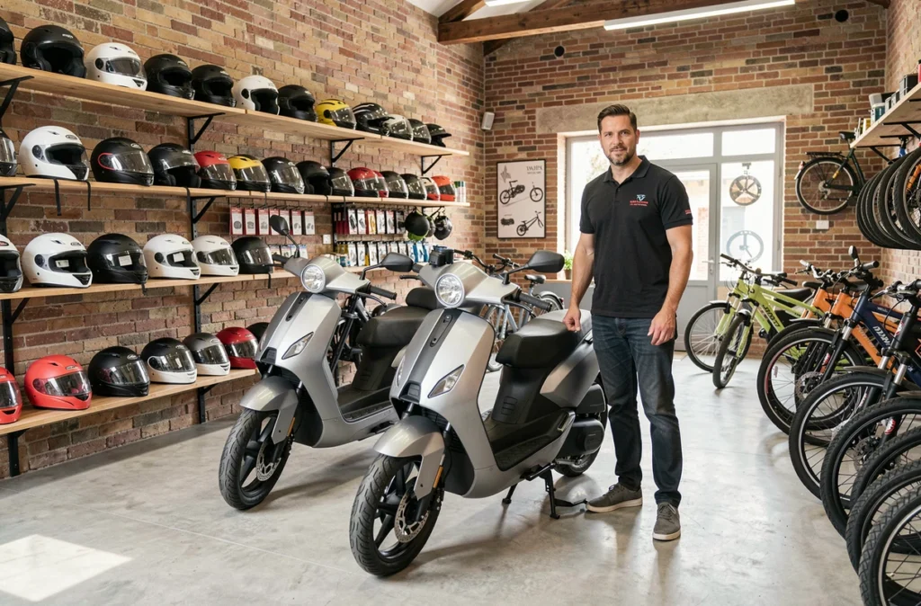 Intérieur du magasin A Motos dans le Var, avec un vendeur présentant des deux-roues électriques dans un showroom moderne