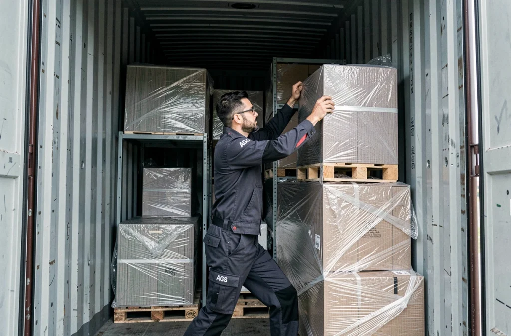 Spécialiste AGS Déménagements sécurisant des meubles emballés dans un conteneur de déménagement
