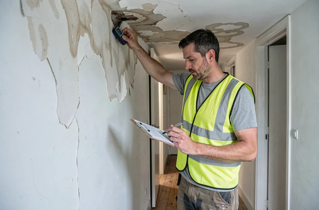 Technicien d'Atout Travaux inspectant des dégâts des eaux dans un appartement du Var