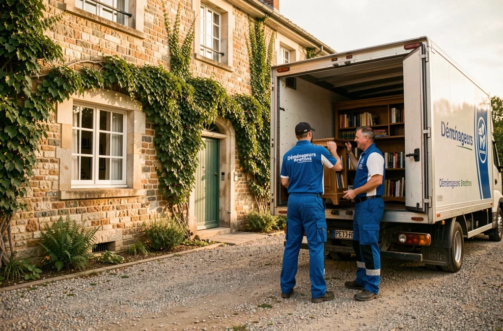 Déménageurs Bretons chargeant une bibliothèque dans un camion devant une propriété en pierre