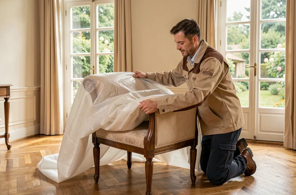 Déménageur Bailly Déménagements emballant un fauteuil ancien avec des couvertures de protection