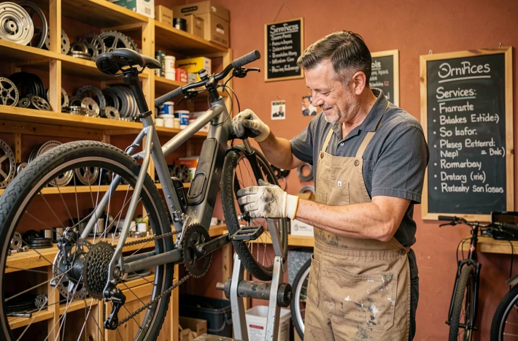 Mécanicien de Bouticycle réglant un vélo électrique dans l'atelier de réparation de la boutique varoise