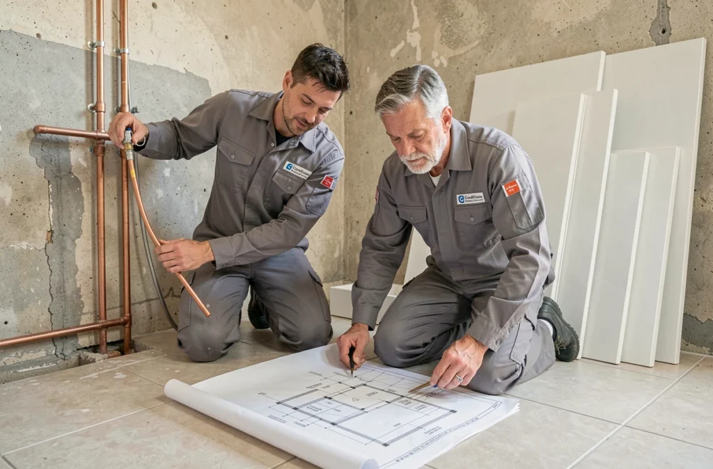 Deux plombiers de CIMENTI Plomberie travaillant sur une rénovation de salle de bain dans le Var