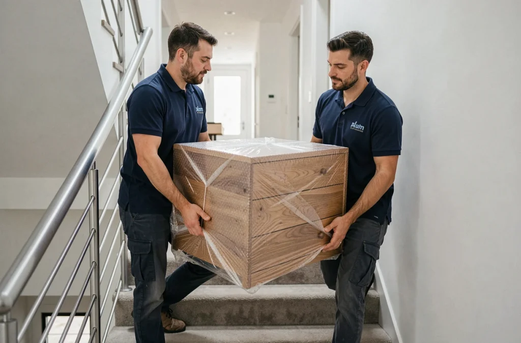 Déménageurs CS Transports portant un meuble emballé dans un escalier d'immeuble