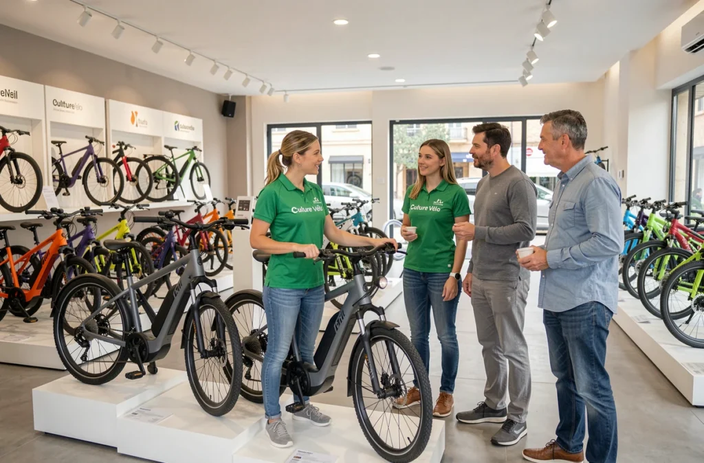Conseillère de Culture Vélo Toulon présentant un vélo électrique à des clients dans le showroom de l'enseigne