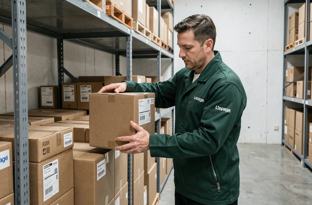 Déménageur Déménagements Lepage organisant des cartons étiquetés dans un entrepôt de stockage