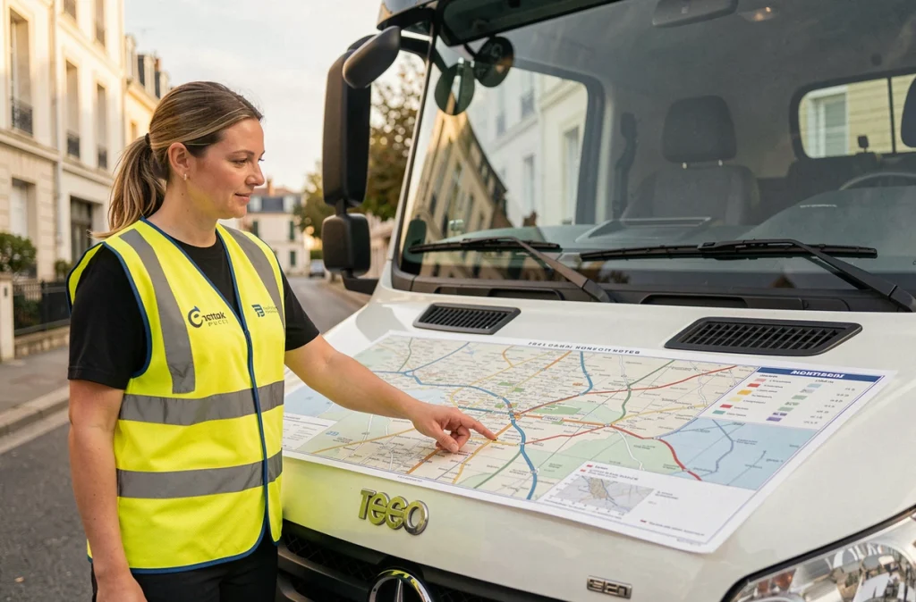 Coordinatrice du Déménageur Européen consultant une carte routière devant son camion
