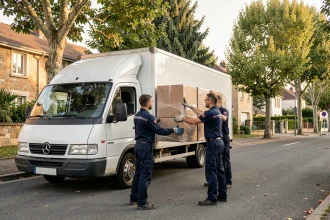 Équipe de déménageurs professionnels chargeant un camion dans une rue résidentielle de l'Essonne