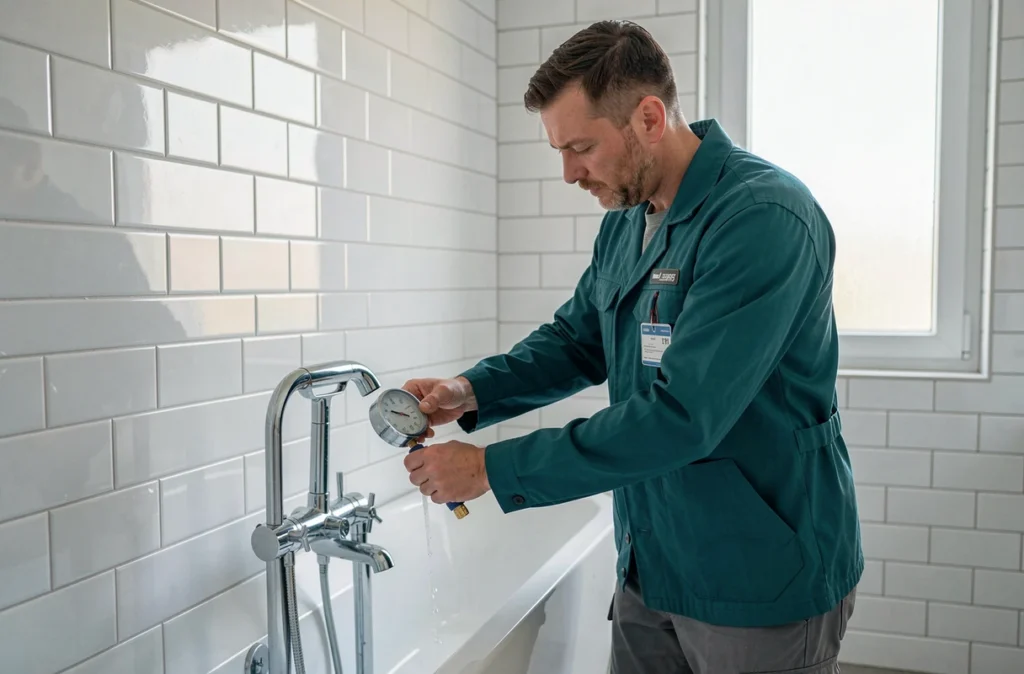 Plombier des Établissements Music'eau installant une robinetterie dans une salle de bain rénovée dans le Var