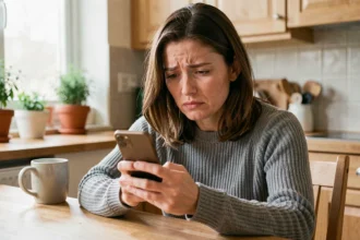 Femme perplexe regardant un appel téléphonique inconnu sur son smartphone dans une cuisine