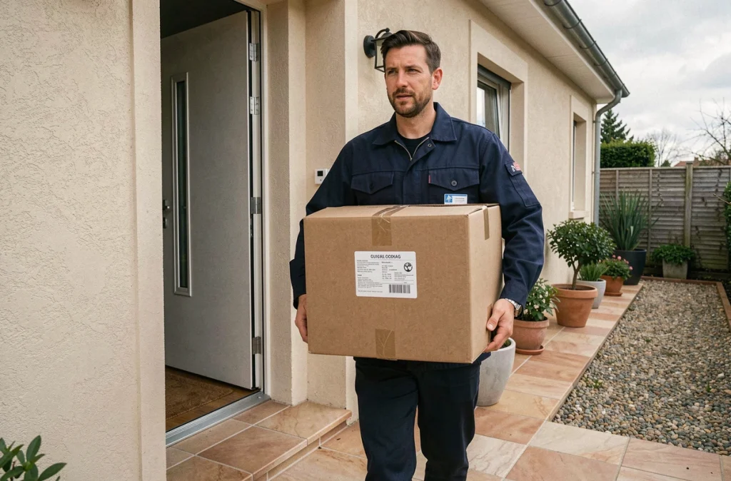 Professionnel de France Intervention Habitat transportant un carton étiqueté vers une maison individuelle