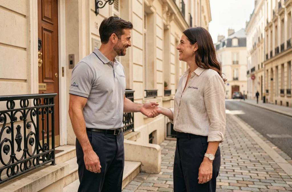 Les Gentlemen du Déménagement accueillant une cliente devant une maison de ville élégante