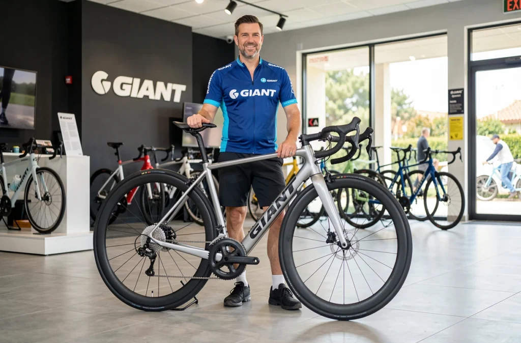 Vendeur du magasin Giant à Puget-sur-Argens (SAS Vélos Fréjus) présentant un vélo électrique haut de gamme