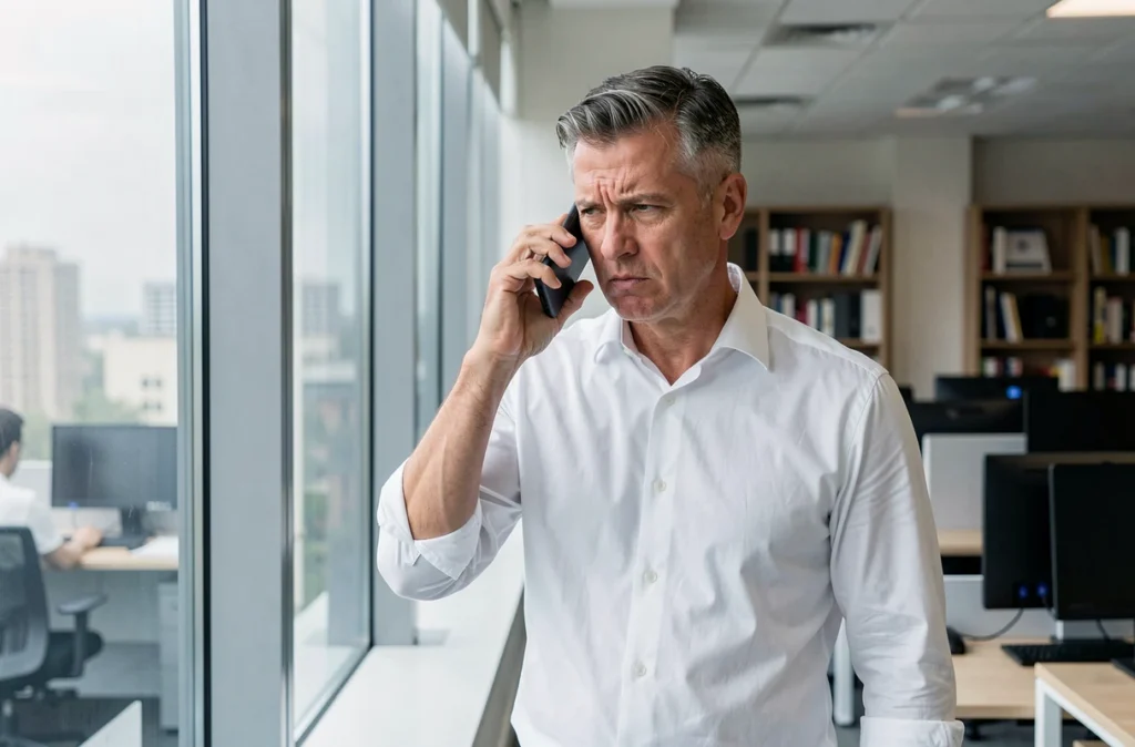 Homme en bureau regardant son téléphone avec méfiance après un appel manqué sans message