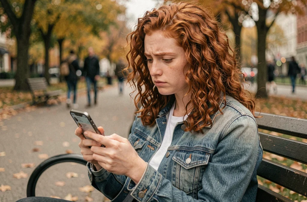 Jeune femme en parc urbain consultant l'historique d'appels de son téléphone avec perplexité
