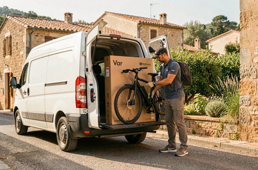 Livreur Loewi déposant un vélo électrique emballé devant une maison provençale dans le Var