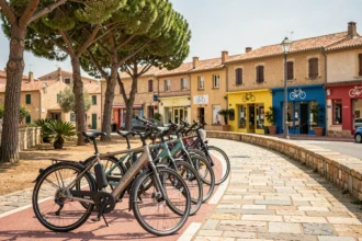 Vélos électriques garés sur une promenade provençale ensoleillée dans le Var, évoquant les meilleurs magasins de vélos électriques de la région