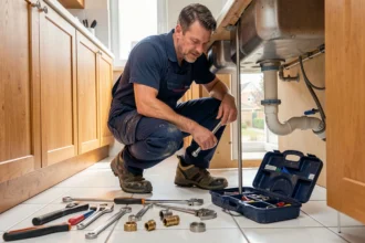 Plombier d'urgence professionnel intervenant sous un évier dans un appartement du Var
