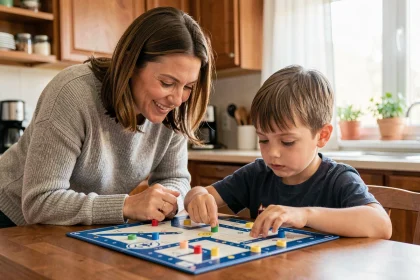 Une mère aide son fils à comprendre les règles de la bataille navale sur une table de cuisine