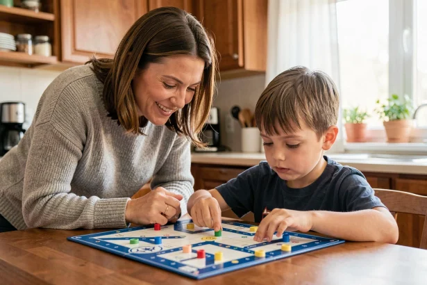 Une mère aide son fils à comprendre les règles de la bataille navale sur une table de cuisine