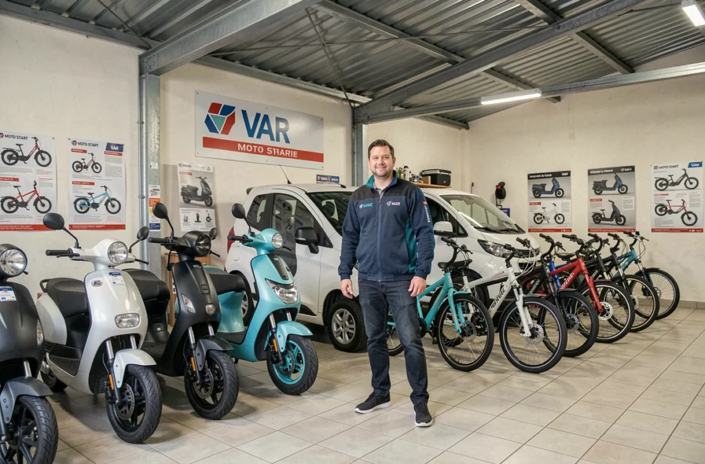 Vendeur de Moto Start dans le Var présentant des scooters électriques et vélos électriques dans le showroom