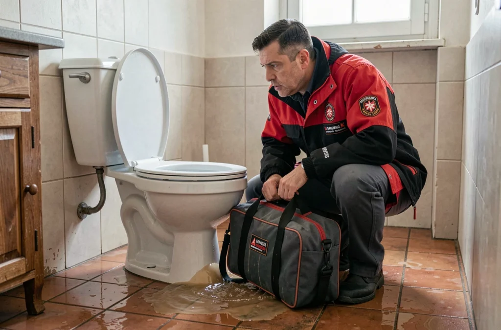 Plombier SOS Plombier Var intervenant en urgence dans une salle de bain inondée dans le Var