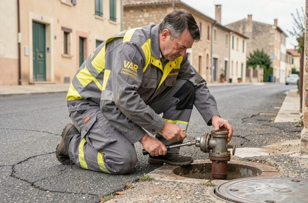Technicien de Var Plomberie Services intervenant sur un arrêt d'eau principal en urgence dans le Var