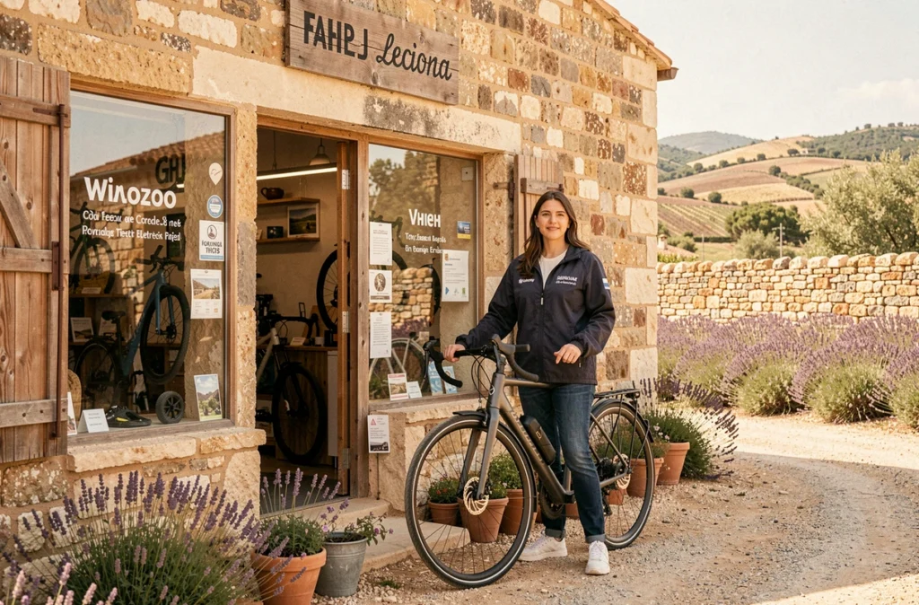 Employée de Vélo 83 posant avec un vélo électrique devant la devanture du magasin dans le Var