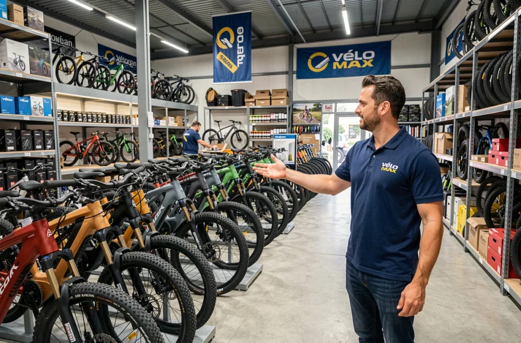 Employé de Vélo Max dans le Var présentant une gamme complète de vélos électriques en magasin