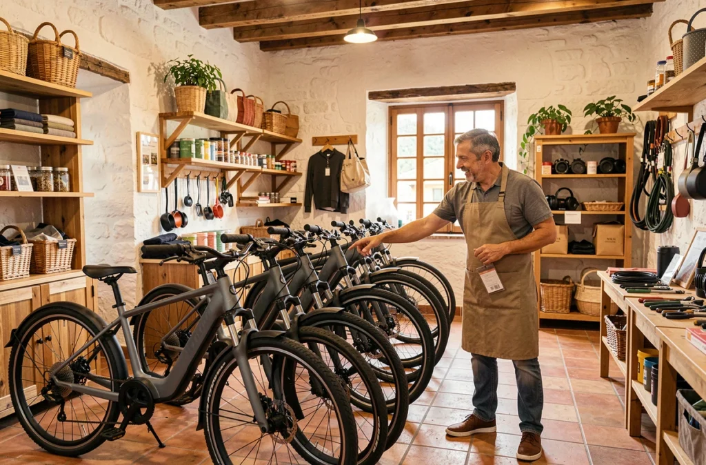 Employé de Veloland Vidauban conseillant un client devant une sélection de vélos électriques dans le magasin varois