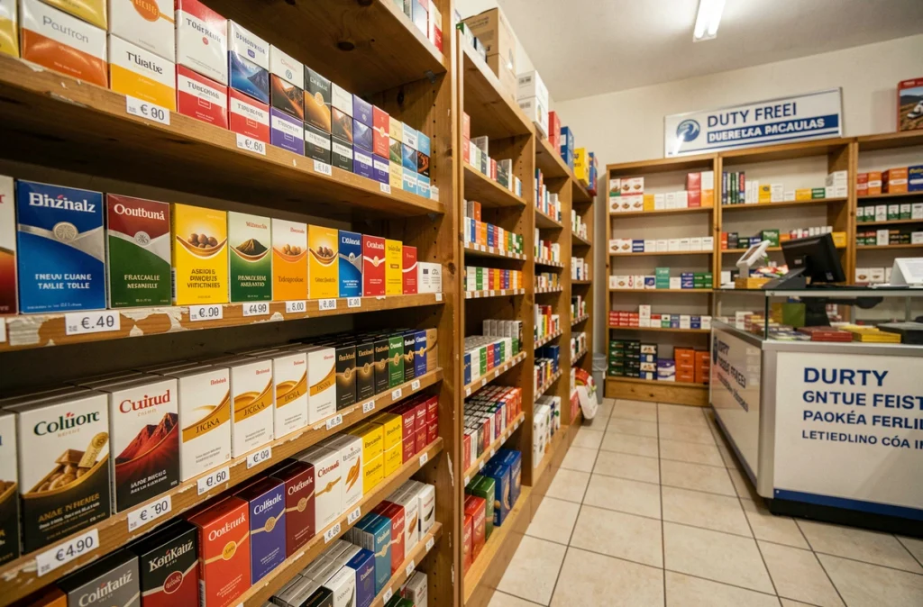 Rayonnage d'un bureau de tabac andorran à Pas de la Case montrant des cartouches de cigarettes avec étiquettes de prix en euros