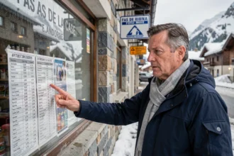 Un homme d'une cinquantaine d'années examine la liste des prix de cigarettes devant un bureau de tabac à Pas de la Case, Andorre, en hiver