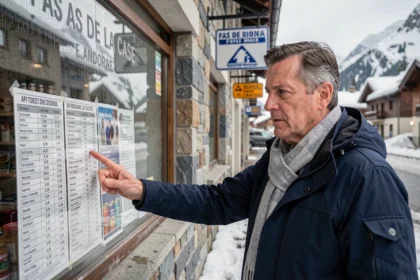 Un homme d'une cinquantaine d'années examine la liste des prix de cigarettes devant un bureau de tabac à Pas de la Case, Andorre, en hiver